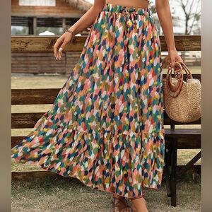 SHEIN Multi-Color Leaf-Print Tiered Maxi Skirt